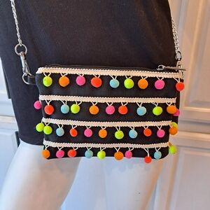 Bari Lynn Vibrant Multicolored Pom Pom Black Canvas Crossbody Bag
